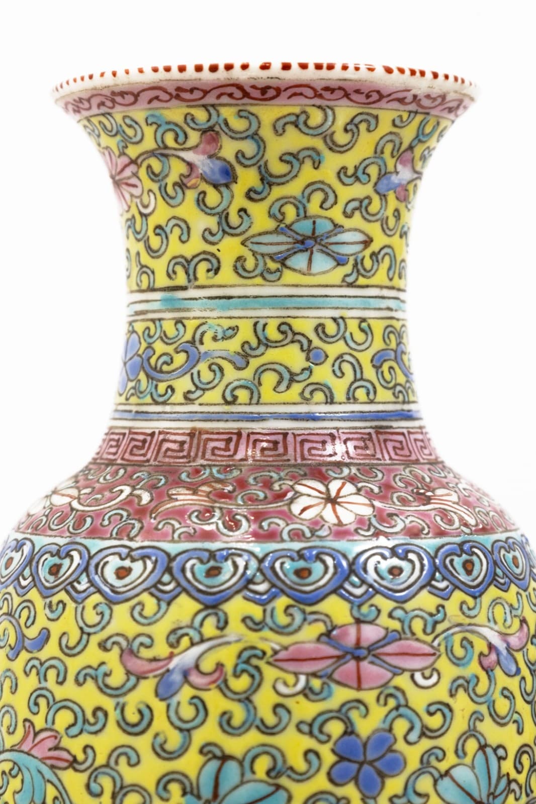 Vintage Traditional Chinese Porcelain Vase 9" Yellow, Pink & Blue Floral Design - Thumbnail 3