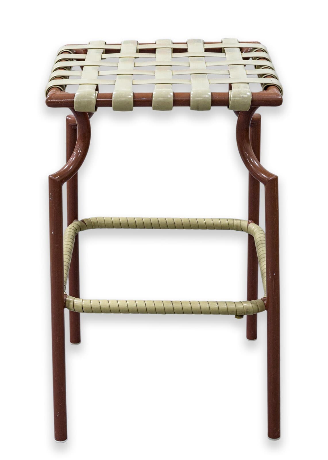Set of 4 Vintage Tropitone Brown and Beige Woven Vinyl Seat Outdoor Patio Stools - Thumbnail 2