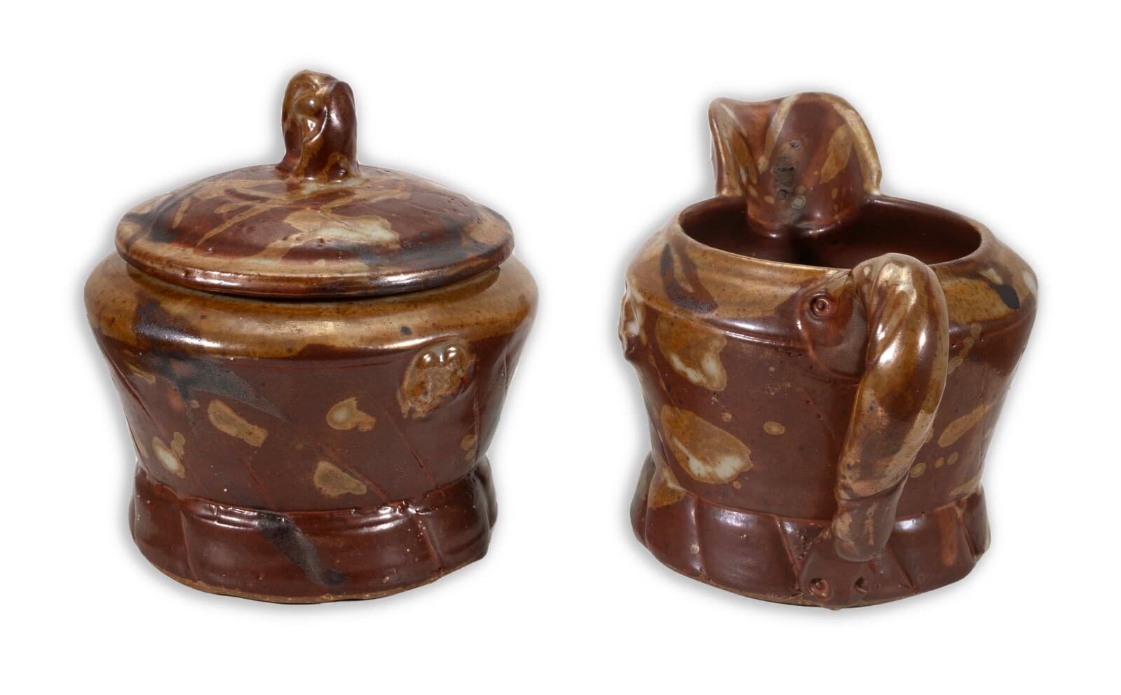 John Glick Ceramic Stoneware Sugar and Creamer Holder Stamped Plum Tree Pottery - Thumbnail 2
