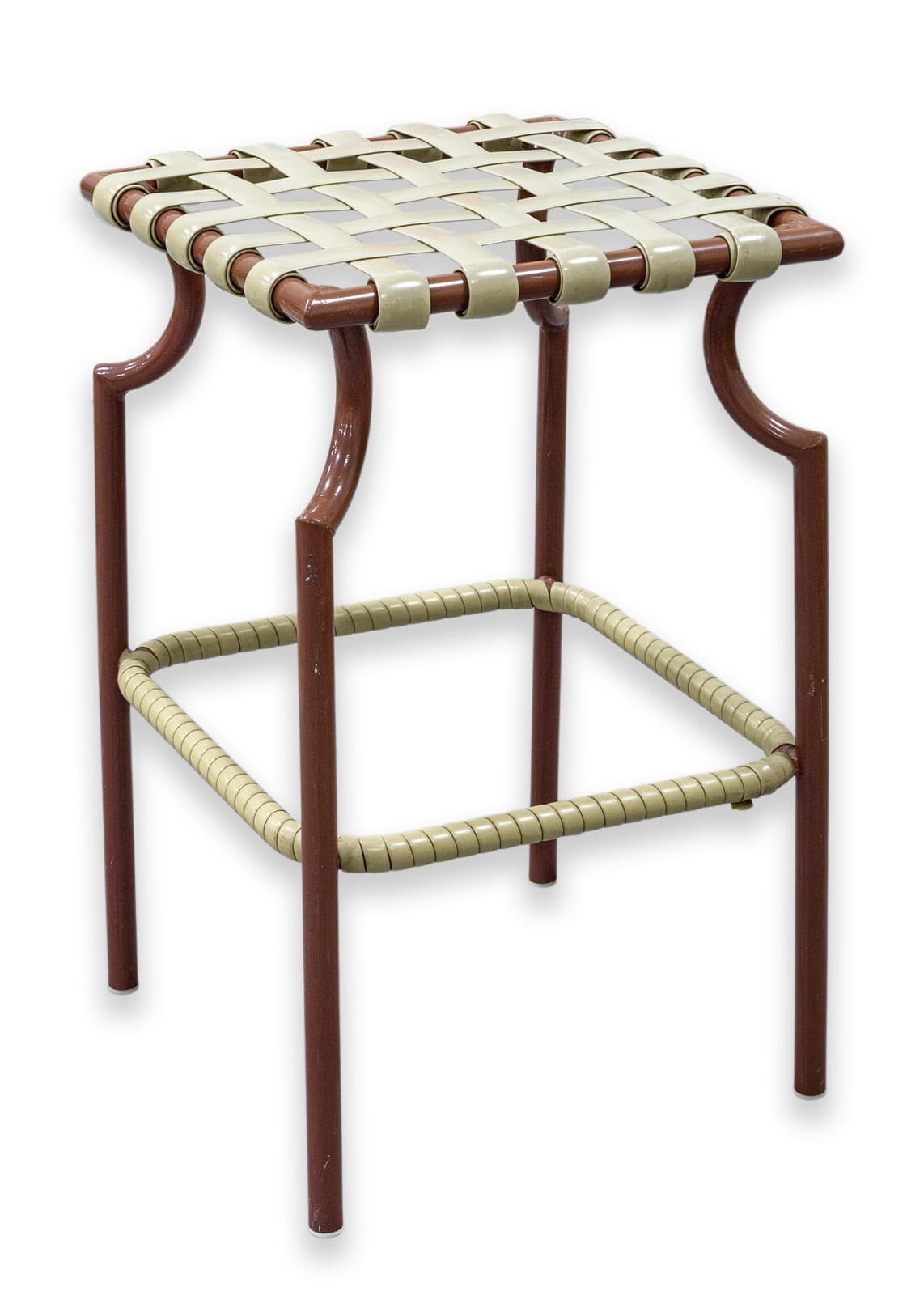 Set of 4 Vintage Tropitone Brown and Beige Woven Vinyl Seat Outdoor Patio Stools - Thumbnail 3
