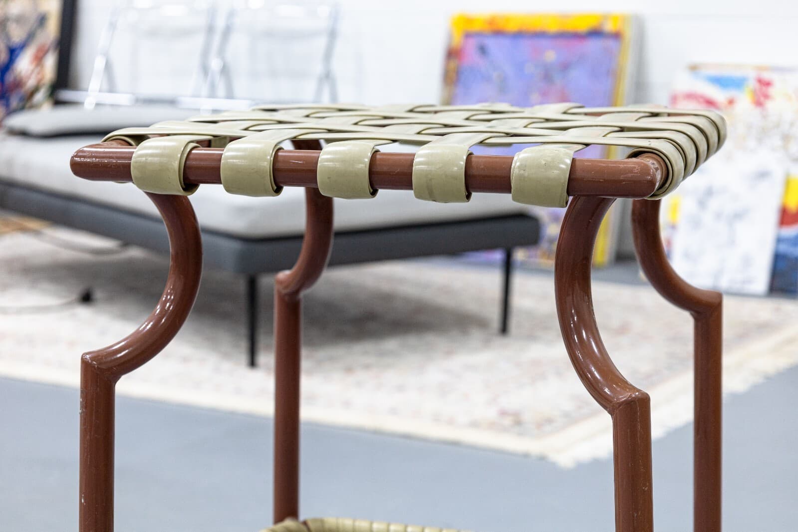 Set of 4 Vintage Tropitone Brown and Beige Woven Vinyl Seat Outdoor Patio Stools - Thumbnail 4