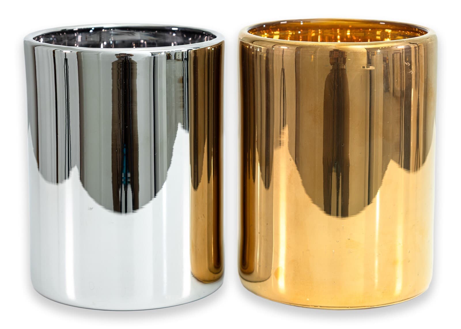 Pair of Skogsberg & Smart Silver & Gold Hurricanes Metal and Glass Vases