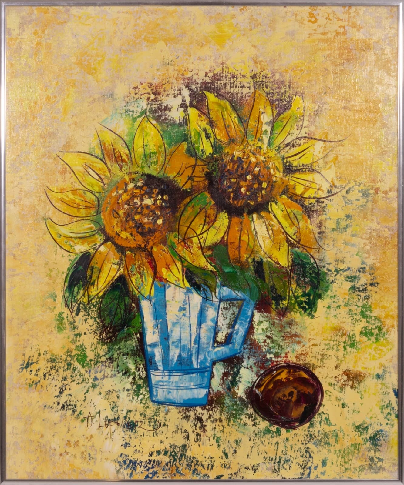 Modernist Sunflowers Signed Acrylic Painting on Canvas Framed, c. 1960