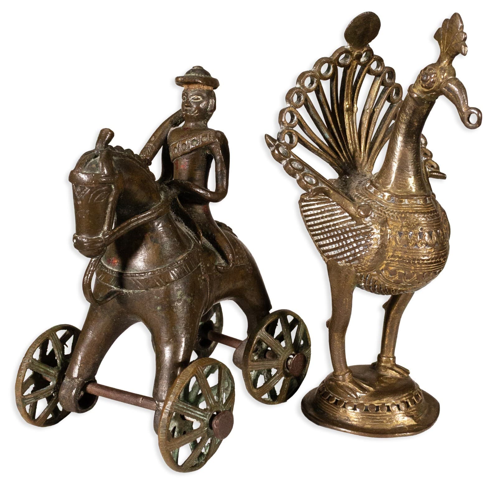 Antique Indian Horse Rider on Wheels & Peacock Bronze Sculpture 20th Century