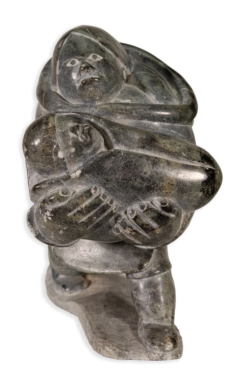 Inuit Figure with Baby Signed Hand-Carved Soapstone Sculpture Traditional Native