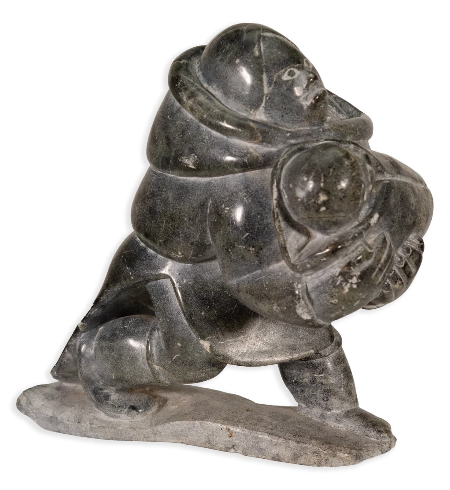 Inuit Figure with Baby Signed Hand-Carved Soapstone Sculpture Traditional Native - Thumbnail 2