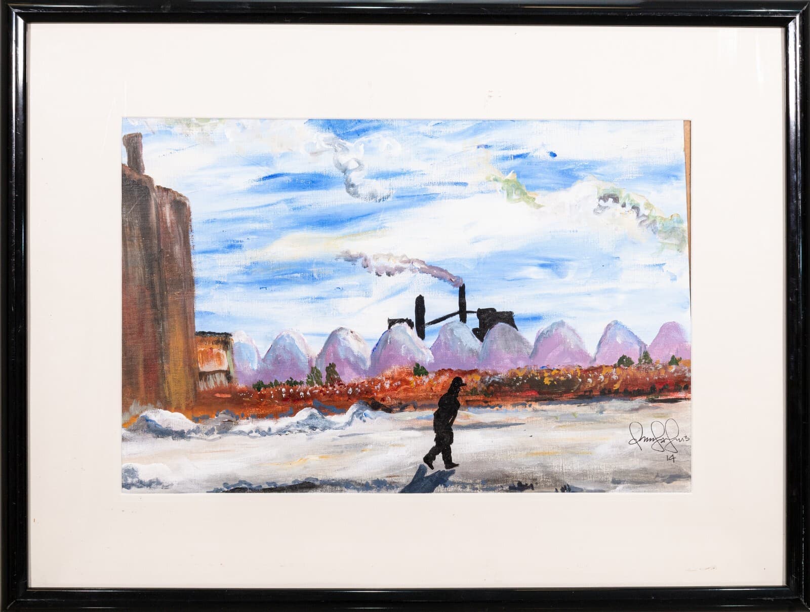 Contemporary Surrealist Shadow Figure with Factory Signed 2014 Painting on Paper