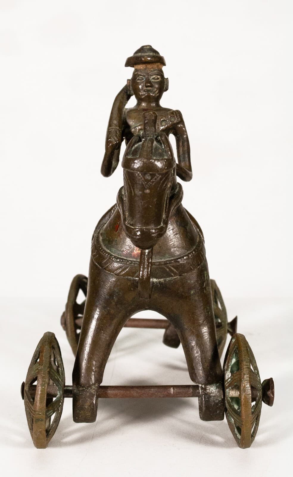 Antique Indian Horse Rider on Wheels & Peacock Bronze Sculpture 20th Century - Thumbnail 4