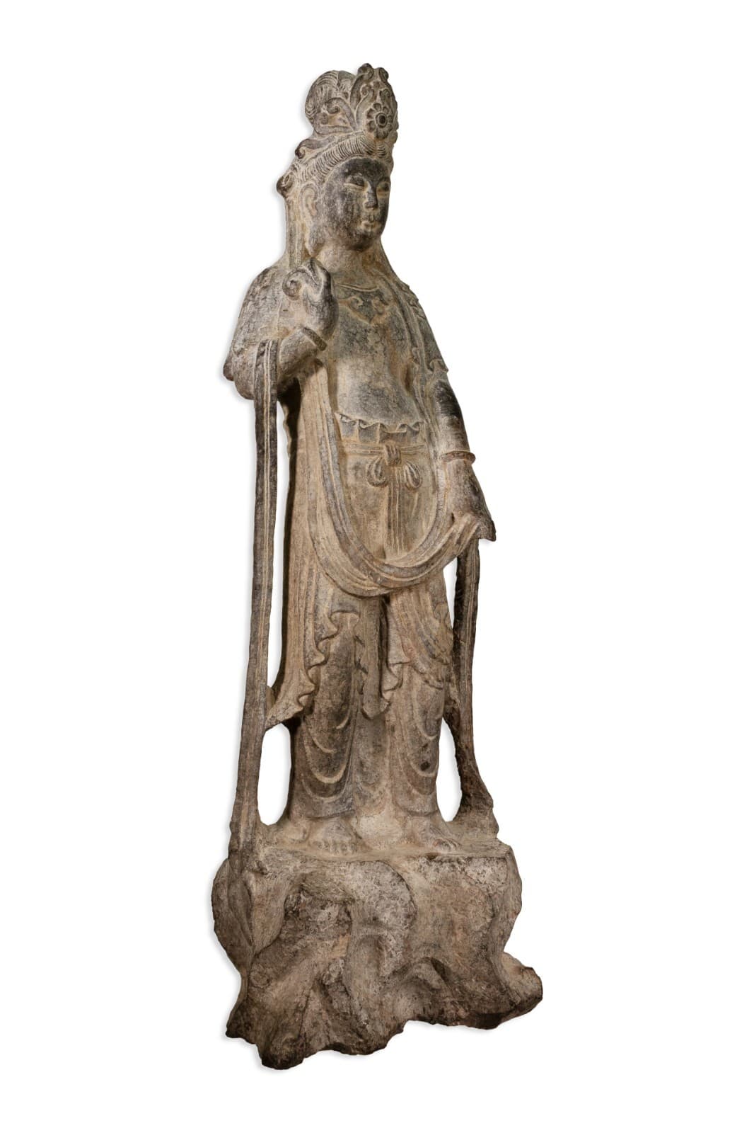Vintage Chinese Bodhisattva Guanyin Hand-Carved Stone 20th Century Asian Buddha - Thumbnail 2