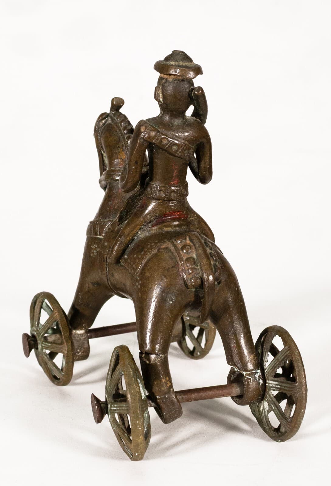 Antique Indian Horse Rider on Wheels & Peacock Bronze Sculpture 20th Century - Thumbnail 3