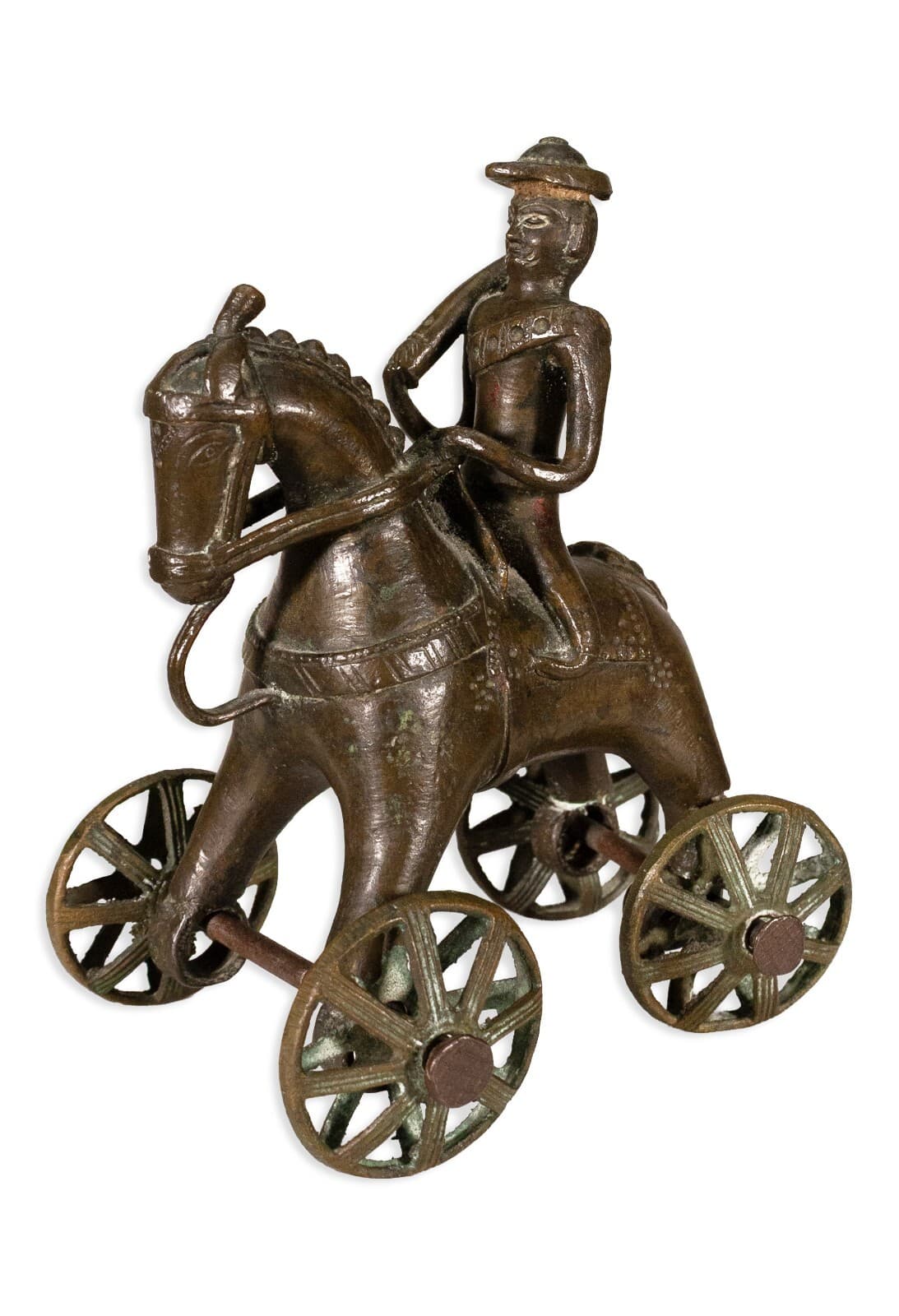 Antique Indian Horse Rider on Wheels & Peacock Bronze Sculpture 20th Century - Thumbnail 2