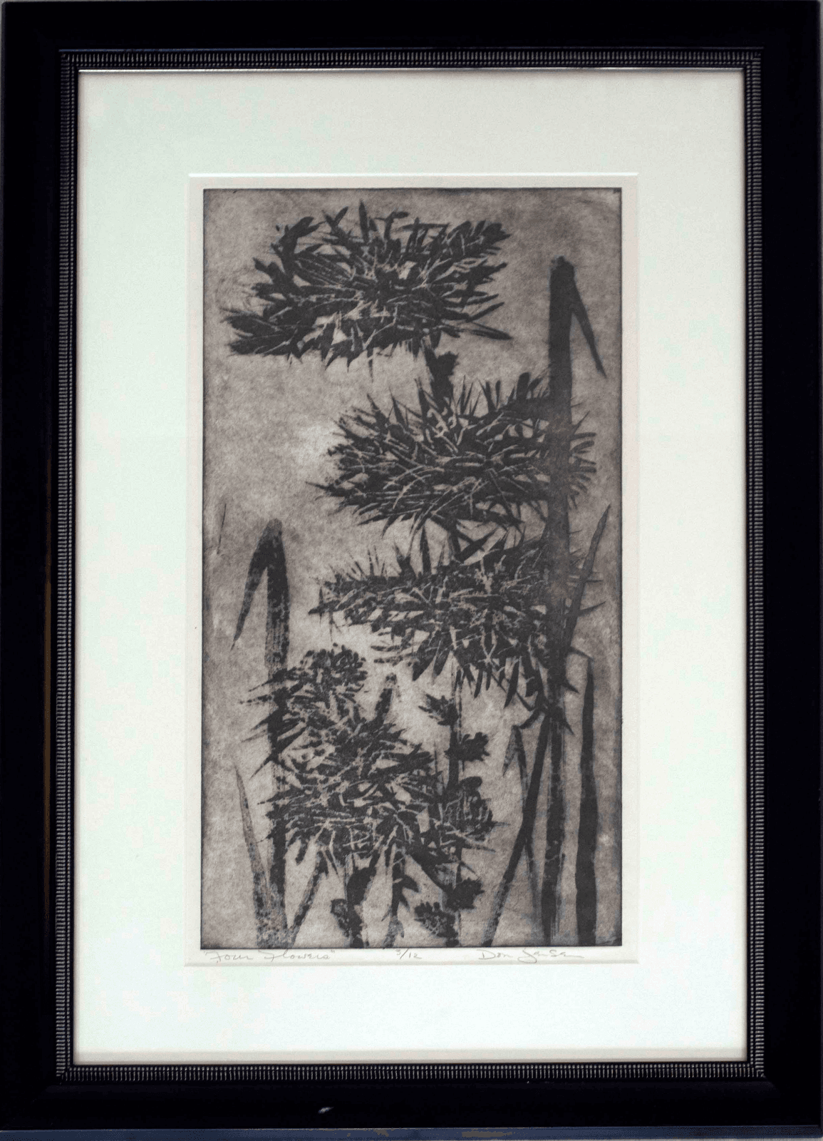 Mid Century Modern Framed Signed Don Jensen Four Flowers Mezzotint Etching