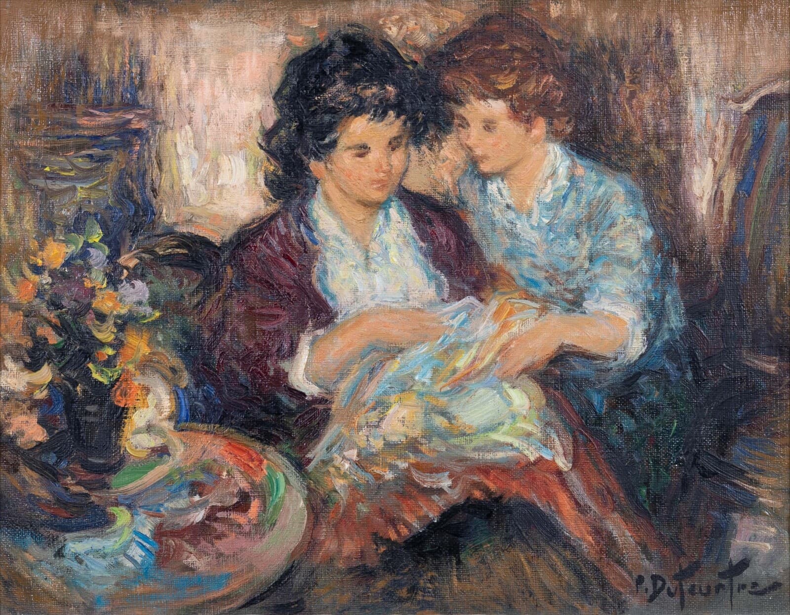 Pierre Eugène Duteurtre Mother & Child #1 Signed Impressionist Oil Painting