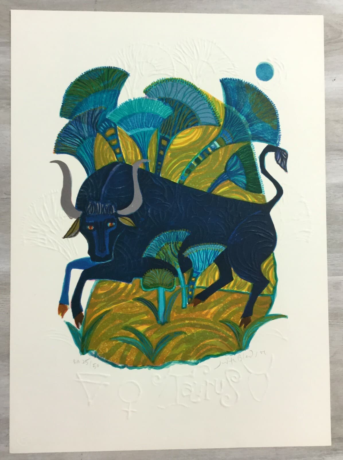 Mid Century Modern Unframed Taurus Zodiac Judith Bledsoe Hand Signed Lithograph - Thumbnail 2