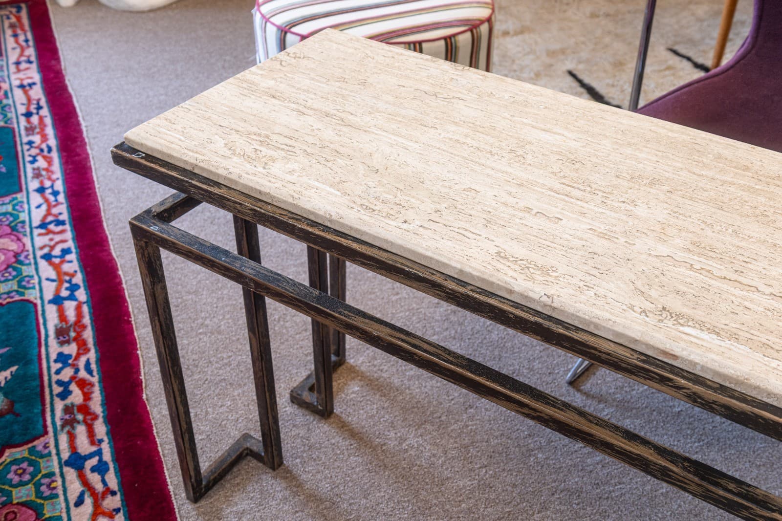 Vintage Roche Bobois Travertine and Steel Floating Rectangular Console Table - Thumbnail 3