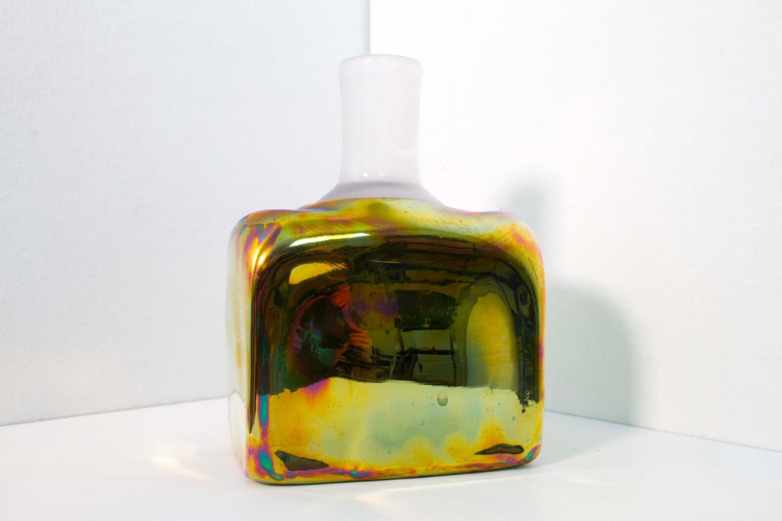 Paula Bartron Signed Postmodern Iridescent Glass Decanter with Flower Design Top - Thumbnail 8