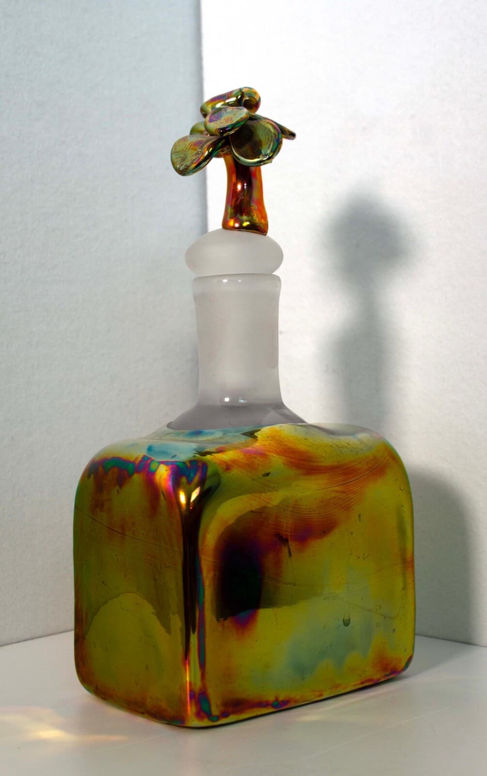 Paula Bartron Signed Postmodern Iridescent Glass Decanter with Flower Design Top - Thumbnail 2