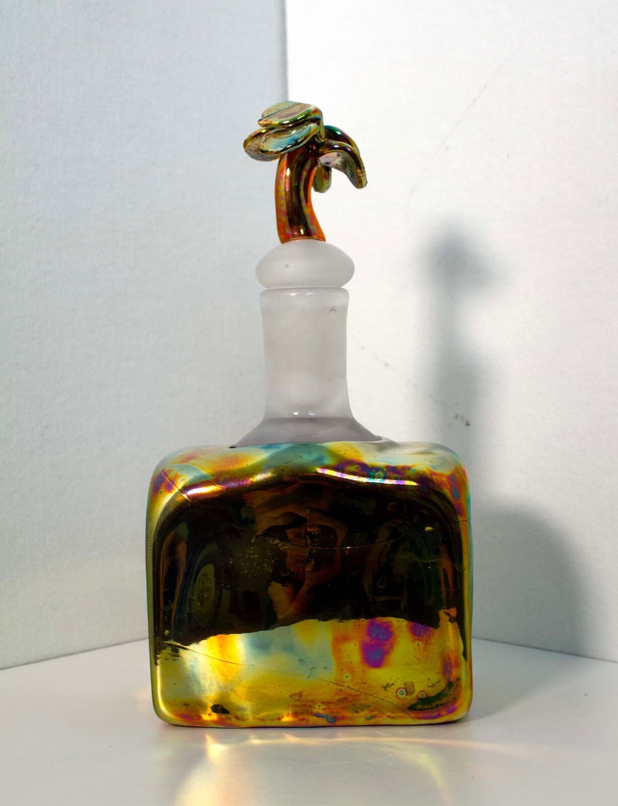 Paula Bartron Signed Postmodern Iridescent Glass Decanter with Flower Design Top - Thumbnail 4