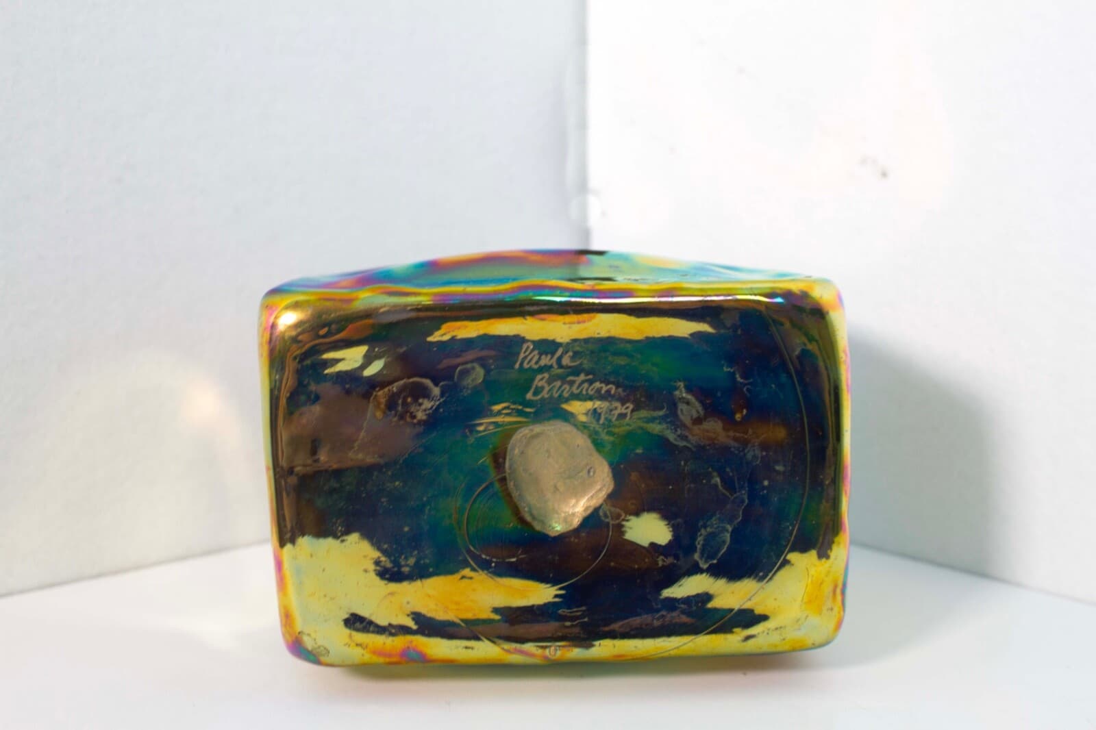 Paula Bartron Signed Postmodern Iridescent Glass Decanter with Flower Design Top - Thumbnail 11