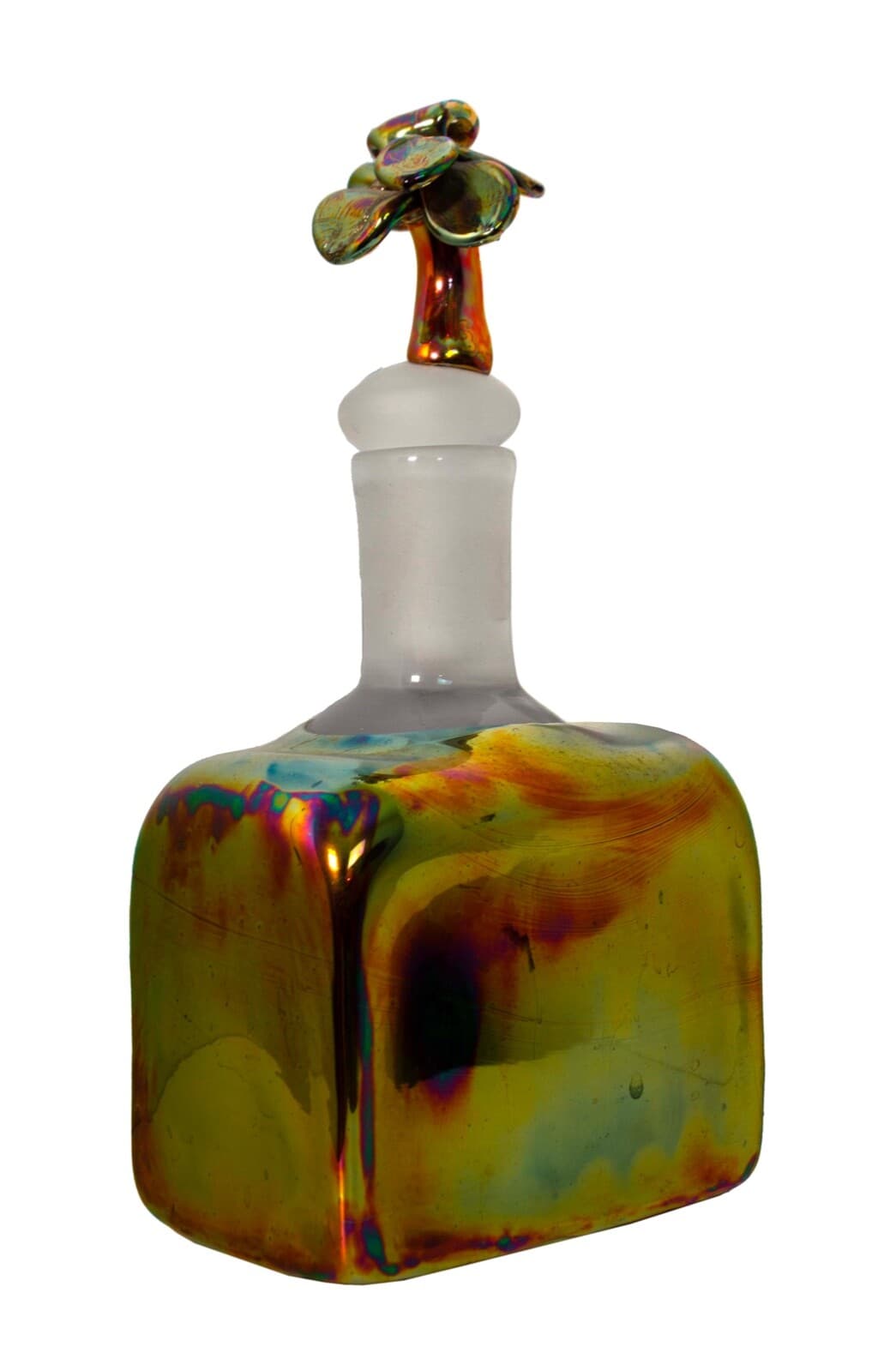 Paula Bartron Signed Postmodern Iridescent Glass Decanter with Flower Design Top