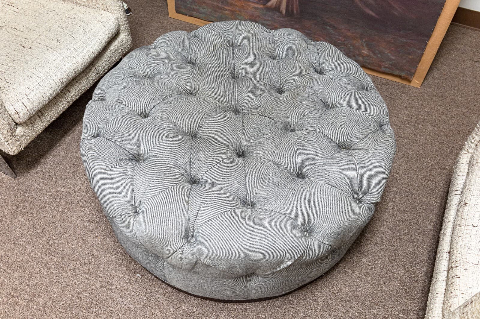 Large Custom Made Contemporary Modern Round Gray Tufted Ottoman on Wood Base - Thumbnail 3