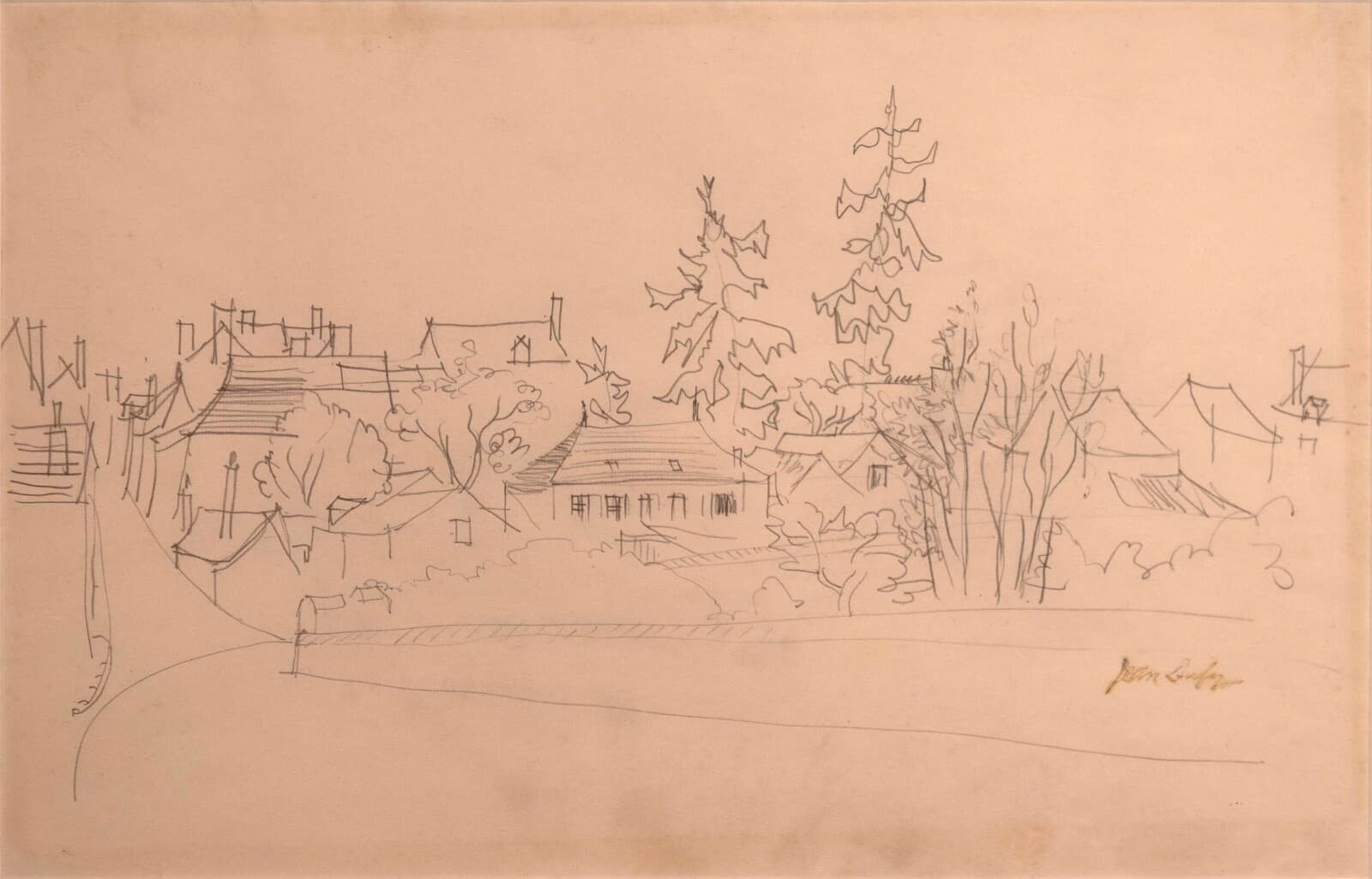 Jean Dufy Signed Untitled Neighborhood Drawing Graphite on Paper - Thumbnail 2