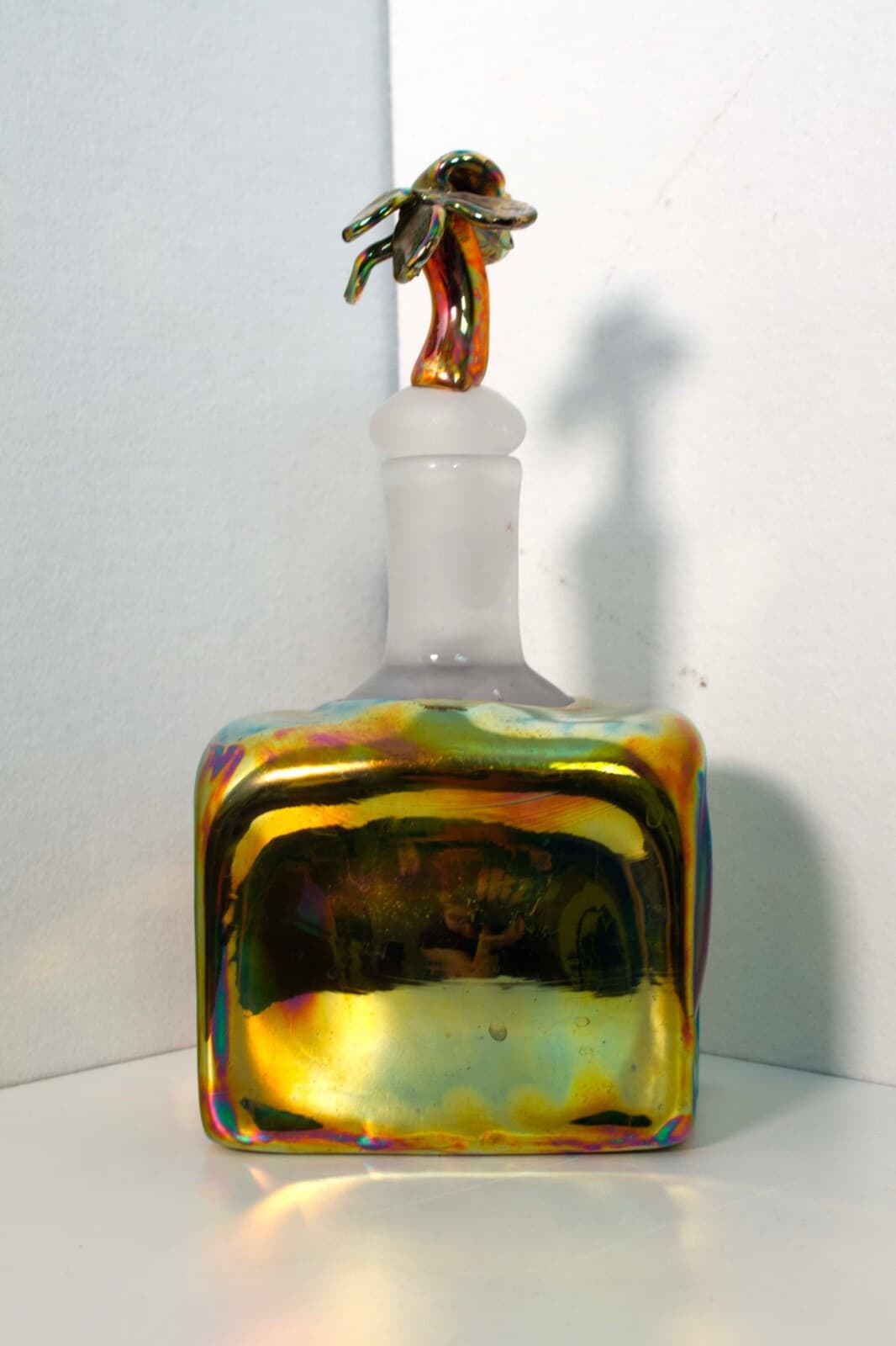 Paula Bartron Signed Postmodern Iridescent Glass Decanter with Flower Design Top - Thumbnail 13