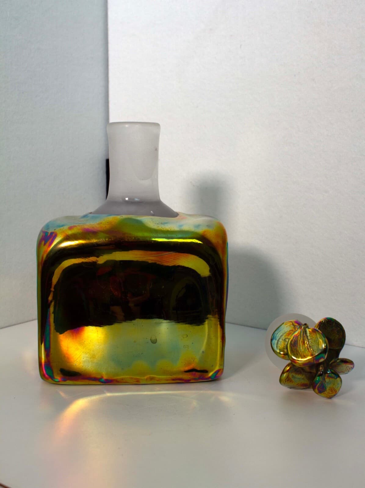 Paula Bartron Signed Postmodern Iridescent Glass Decanter with Flower Design Top - Thumbnail 5