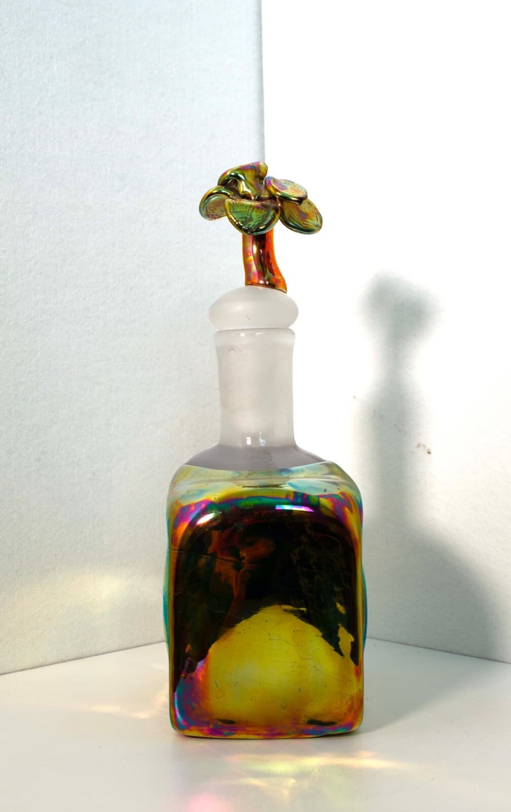 Paula Bartron Signed Postmodern Iridescent Glass Decanter with Flower Design Top - Thumbnail 3