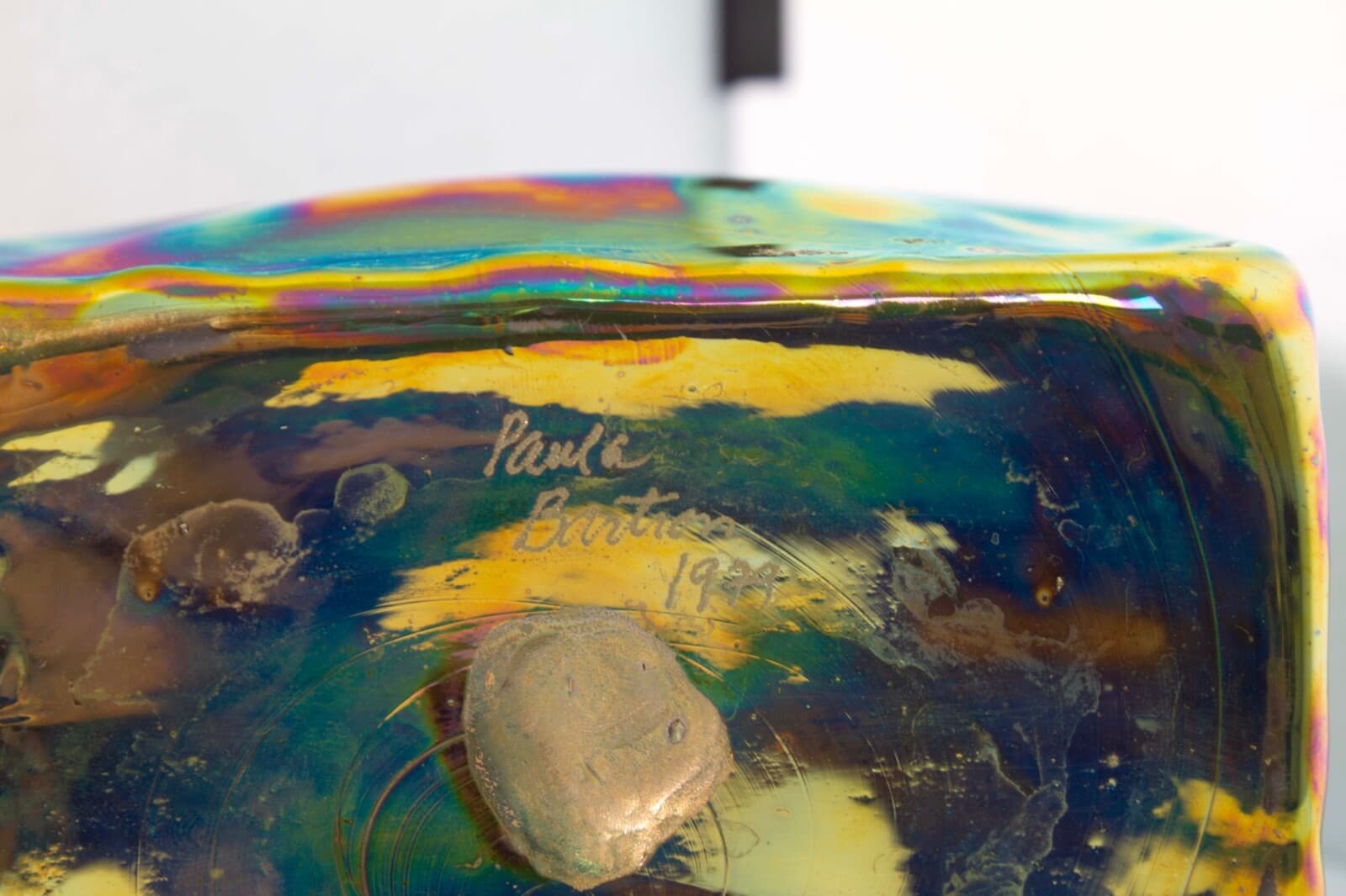 Paula Bartron Signed Postmodern Iridescent Glass Decanter with Flower Design Top - Thumbnail 12