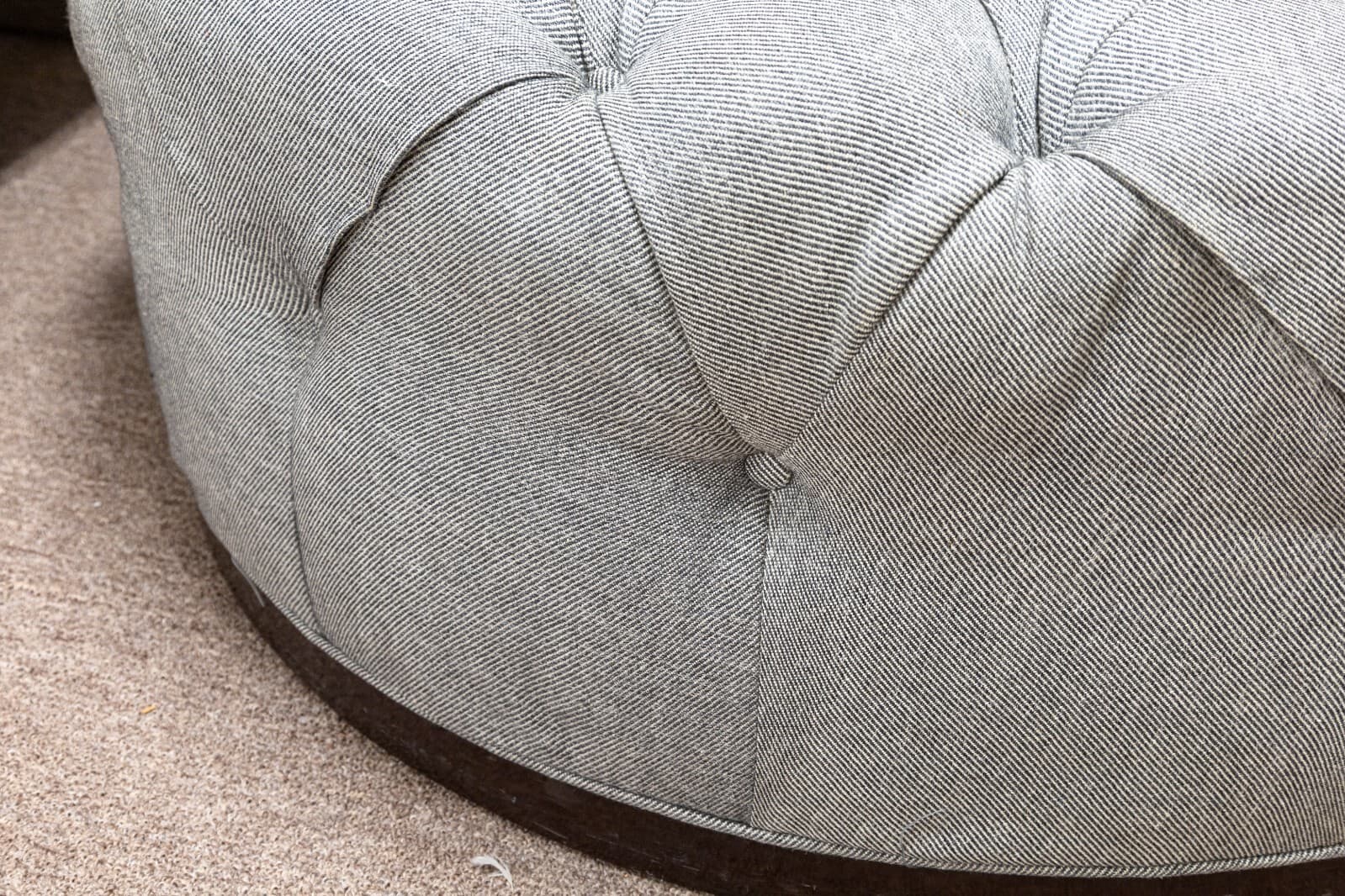 Large Custom Made Contemporary Modern Round Gray Tufted Ottoman on Wood Base - Thumbnail 6