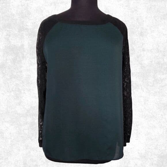 LOFT Women’s XL Hunter Green Lace Sleeve Blouse – Raglan Sheer Black Top - Thumbnail 7