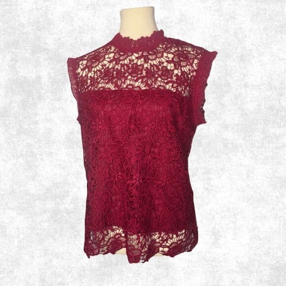 Nanette Lepore Burgundy Lace Blouse Women’s Size L – Sheer High Neck Goth Glam T - Thumbnail 9