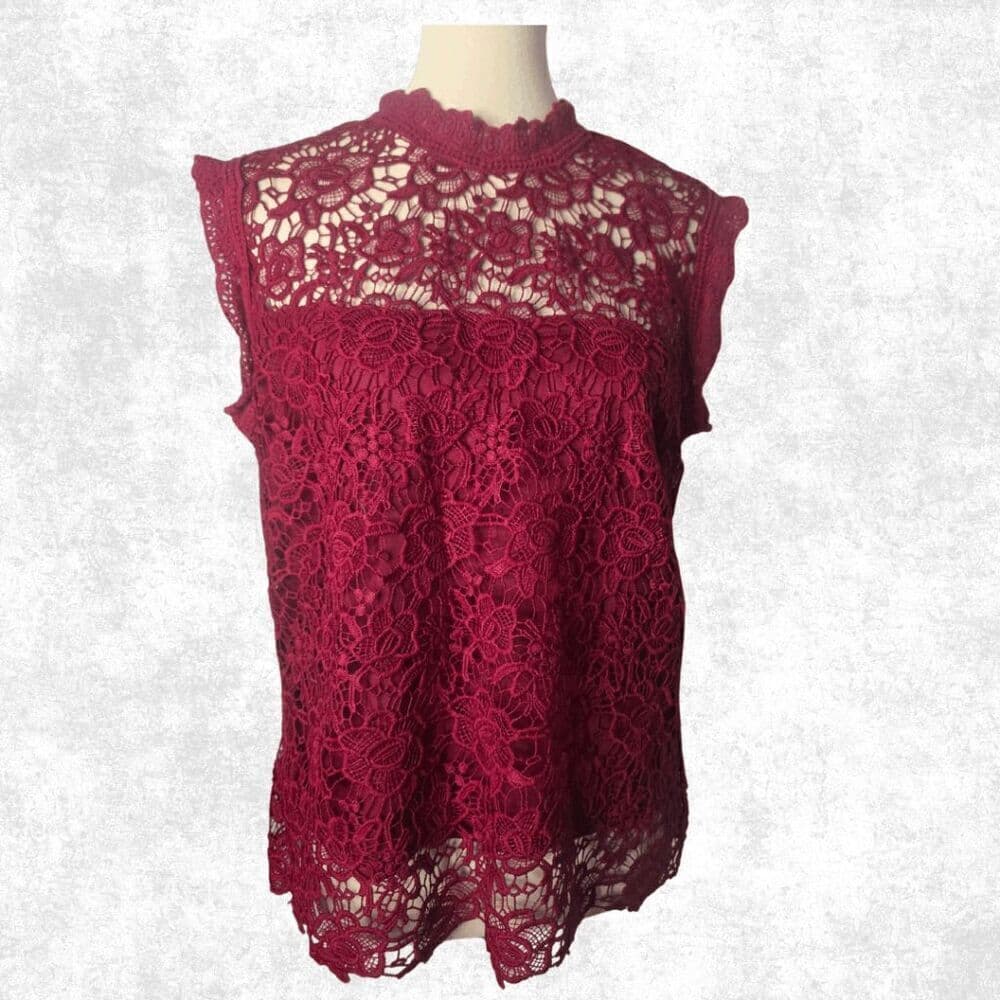 Nanette Lepore Burgundy Lace Blouse Women’s Size L – Sheer High Neck Goth Glam T - Thumbnail 6