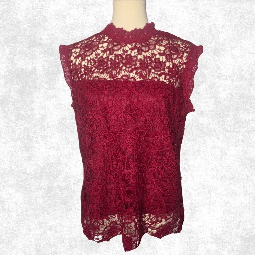 Nanette Lepore Burgundy Lace Blouse Women’s Size L – Sheer High Neck Goth Glam T - Thumbnail 4
