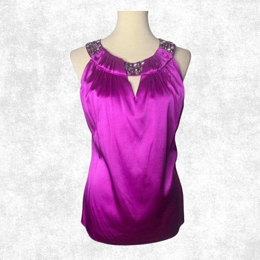 Cache Satin Magenta Embellished Halter Top Medium Glam Clubwear Y2K Party Vibe - Thumbnail 7