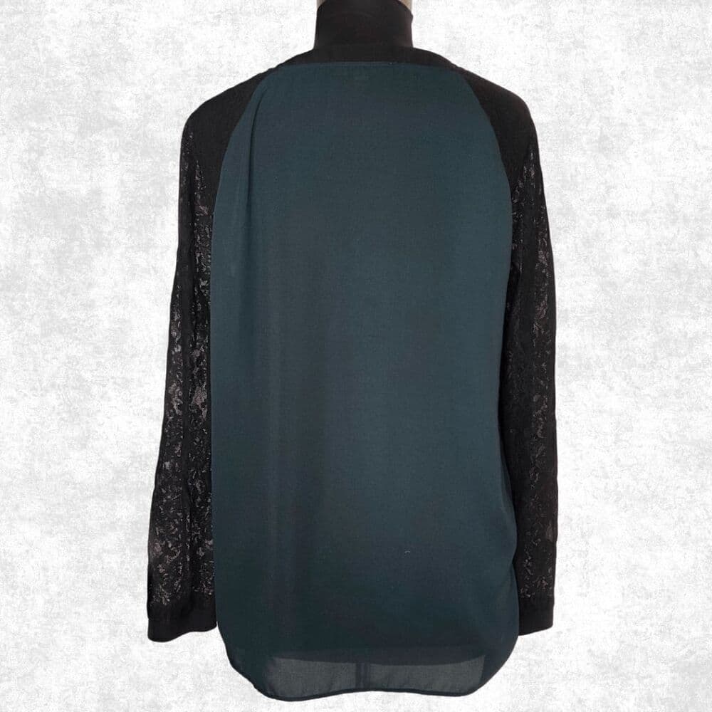 LOFT Women’s XL Hunter Green Lace Sleeve Blouse – Raglan Sheer Black Top - Thumbnail 3