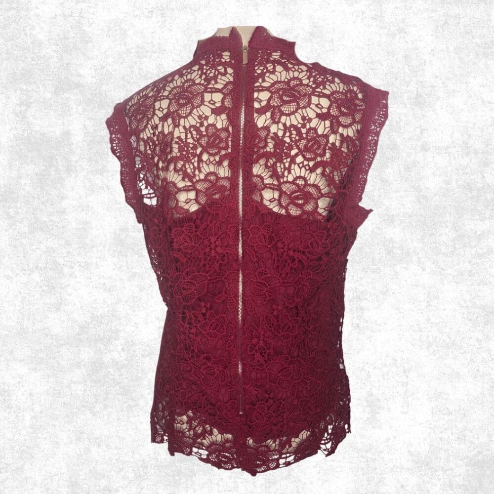 Nanette Lepore Burgundy Lace Blouse Women’s Size L – Sheer High Neck Goth Glam T - Thumbnail 7