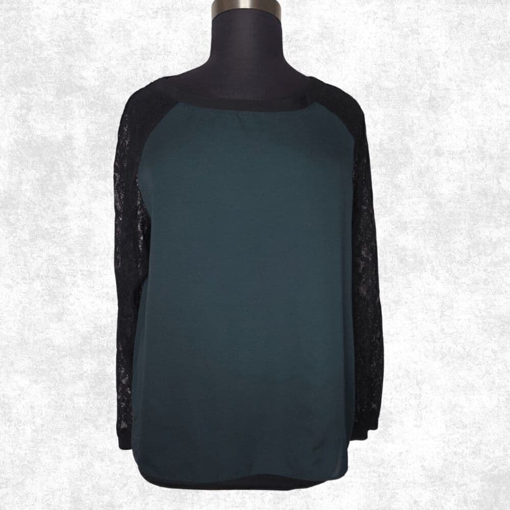LOFT Women’s XL Hunter Green Lace Sleeve Blouse – Raglan Sheer Black Top - Thumbnail 4