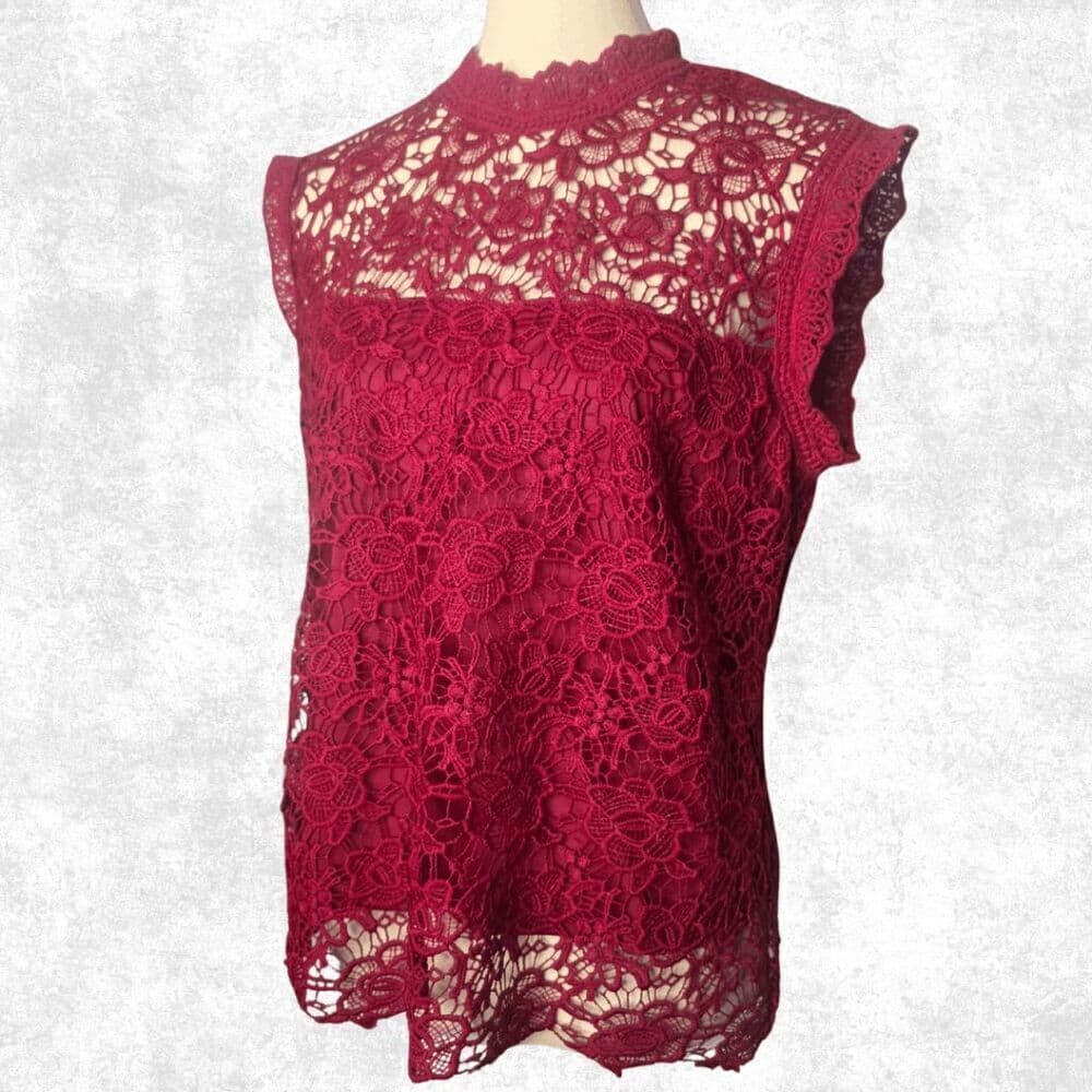 Nanette Lepore Burgundy Lace Blouse Women’s Size L – Sheer High Neck Goth Glam T - Thumbnail 5