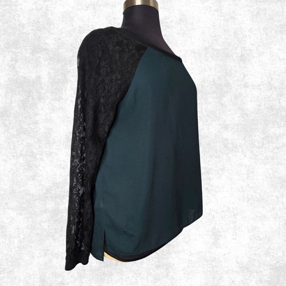 LOFT Women’s XL Hunter Green Lace Sleeve Blouse – Raglan Sheer Black Top - Thumbnail 5