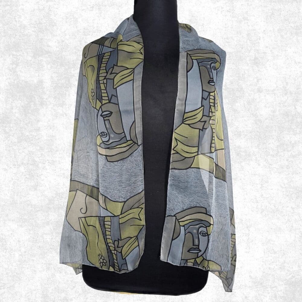 Sheer Abstract Art Scarf Wrap – Picasso Style Print – Lightweight Festival Layer - Thumbnail 2