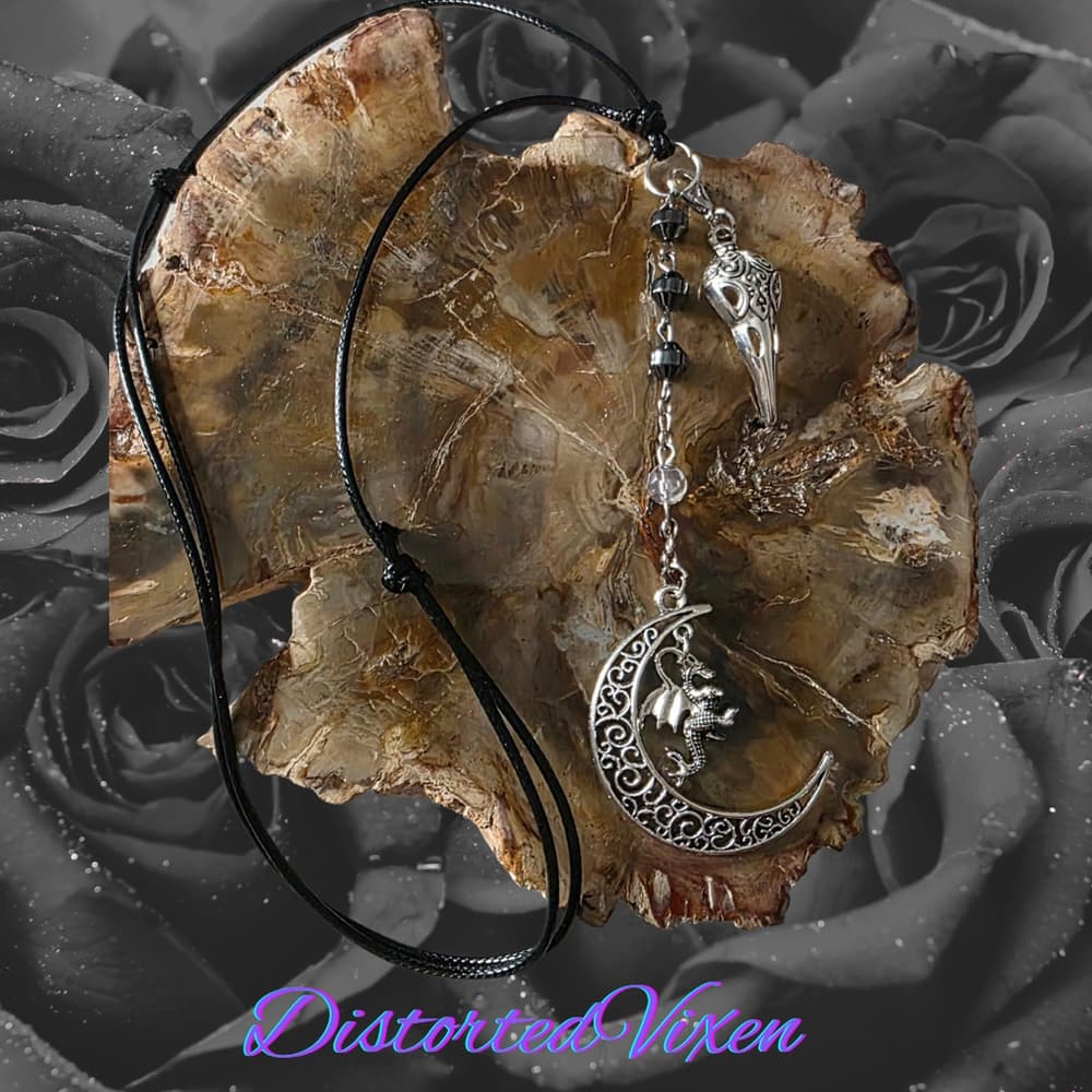 Hematite Dragon Moon Raven Skull Necklace | Gothic Protection Amulet | Shadow - Thumbnail 3