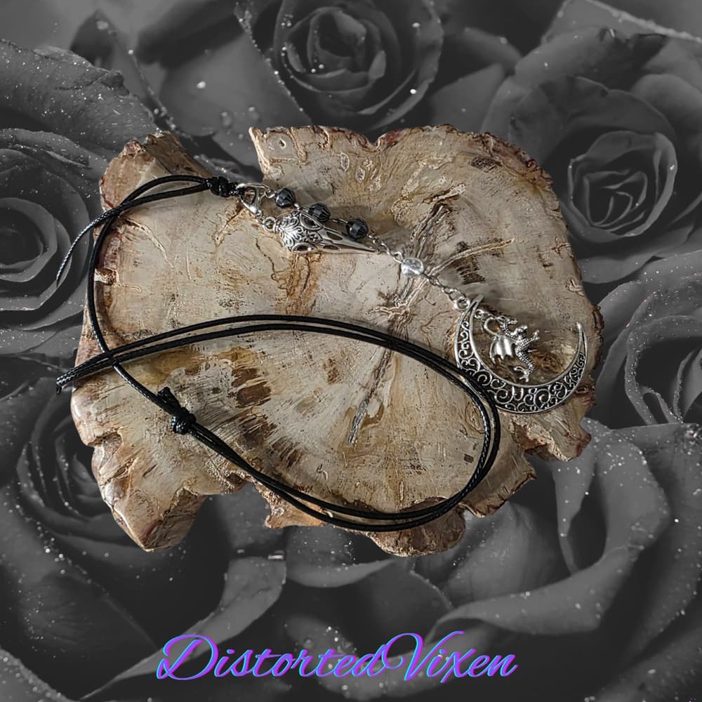 Hematite Dragon Moon Raven Skull Necklace | Gothic Protection Amulet | Shadow - Thumbnail 2