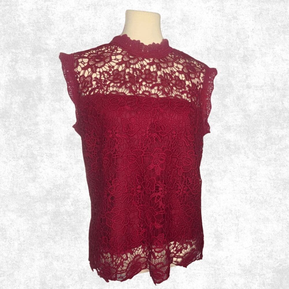 Nanette Lepore Burgundy Lace Blouse Women’s Size L – Sheer High Neck Goth Glam T - Thumbnail 3