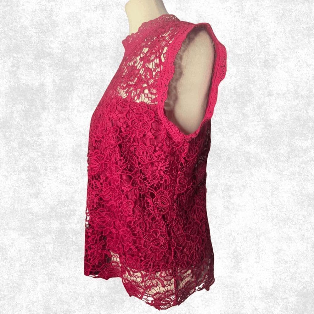 Nanette Lepore Burgundy Lace Blouse Women’s Size L – Sheer High Neck Goth Glam T - Thumbnail 2