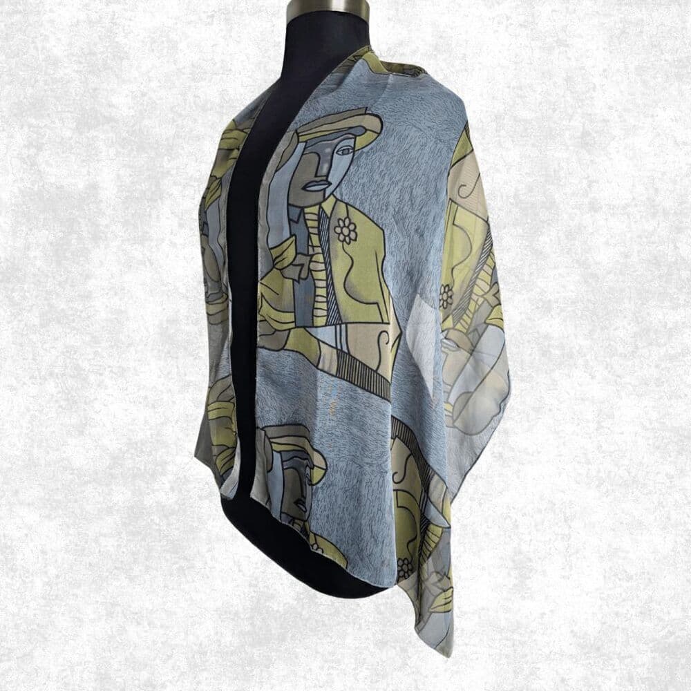 Sheer Abstract Art Scarf Wrap – Picasso Style Print – Lightweight Festival Layer - Thumbnail 3