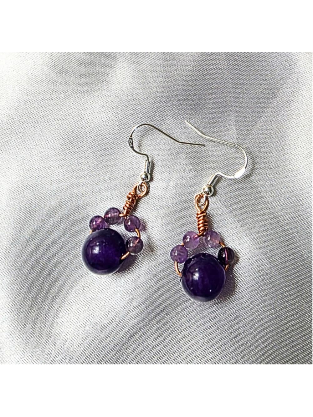 Amethyst Cat Paw Earrings - Handmade Copper Wire Wrapped - Hypoallergenic - Thumbnail 2