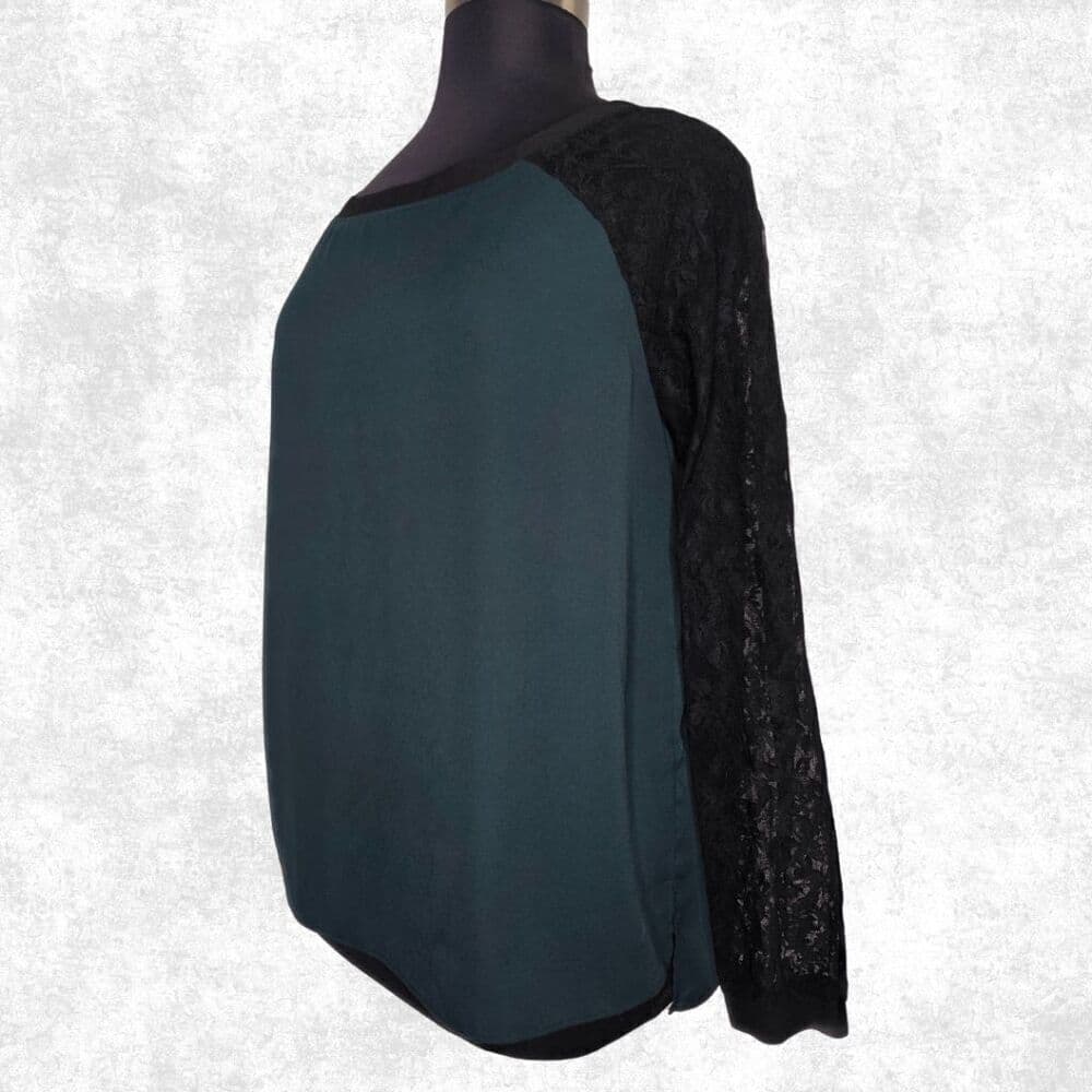 LOFT Women’s XL Hunter Green Lace Sleeve Blouse – Raglan Sheer Black Top