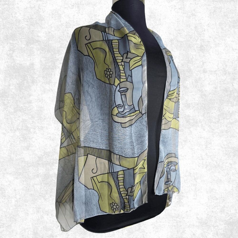 Sheer Abstract Art Scarf Wrap – Picasso Style Print – Lightweight Festival Layer - Thumbnail 4